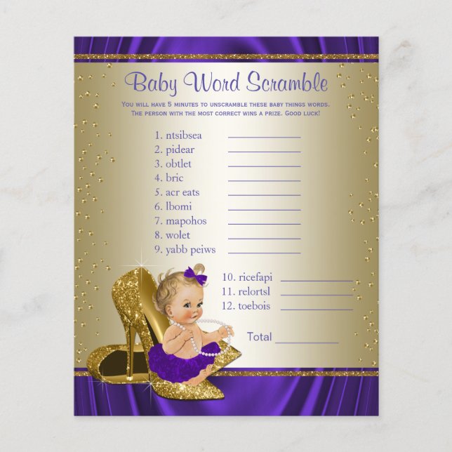 Lila och Guld Tjej Baby Shower Spel Flygblad (Framsidan)