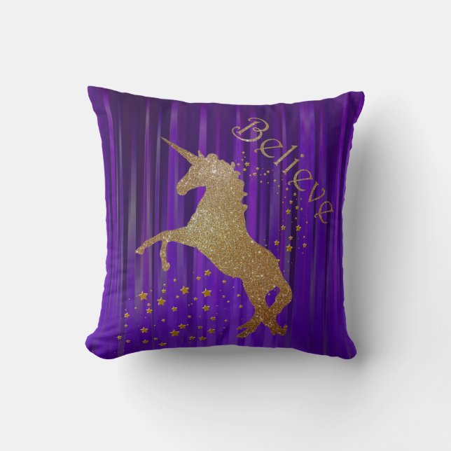 Lila och Guld Unicorn Dekorativ kudde (Framsida)