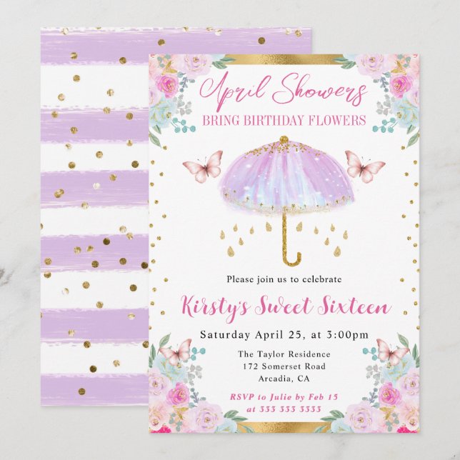 Lila och Guld Vår Paraplla Sweet sixteen Inbjudningar (Fram/baksida)