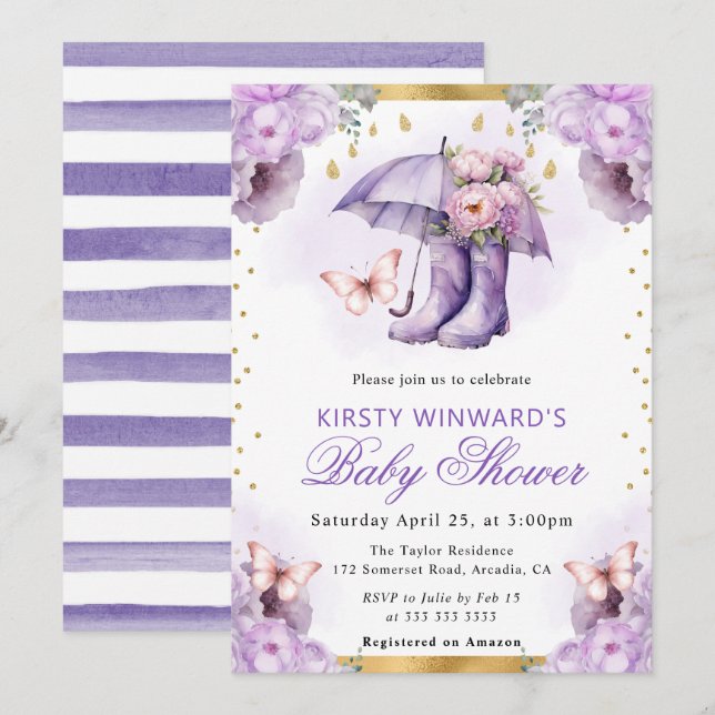 Lila och guld vårparaply Baby Shower Inbjudningar (Fram/baksida)