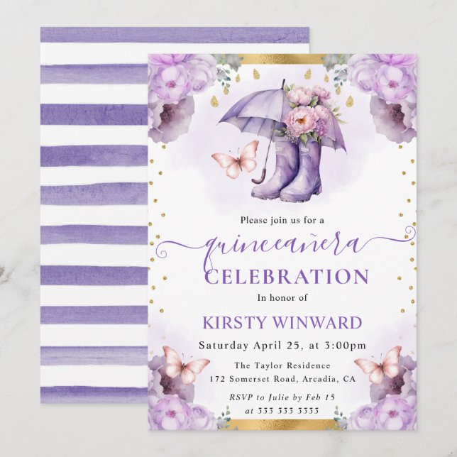 Lila och guld vårparaply Quinceanera Inbjudningar (Fram/baksida)