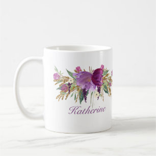 Lila- och Guld-vattenfärgsblommor Kaffemugg