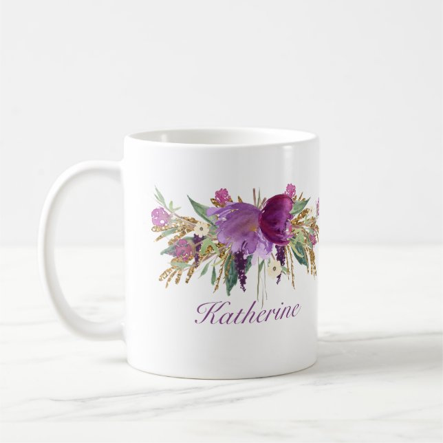 Lila- och Guld-vattenfärgsblommor Kaffemugg (Vänster)