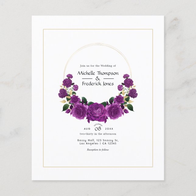 Lila och Guld Vintage Blommigten Bröllop Flygblad (Framsidan)