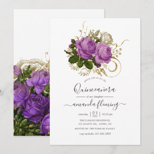 Lila och Guld Vintage Chic Blommigt Quinceañera Inbjudningar