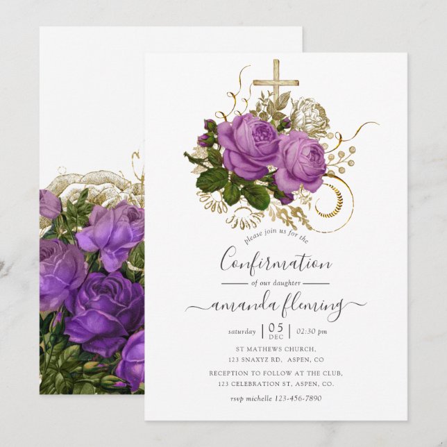 Lila och guld vintage chic blomsterbekräftelse inbjudningar (Fram/baksida)