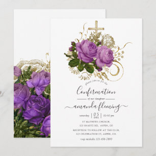 Lila och guld vintage chic blomsterbekräftelse inbjudningar