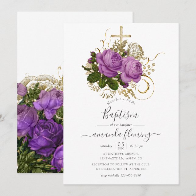 Lila och guld vintage chic blomsterdop inbjudningar (Fram/baksida)