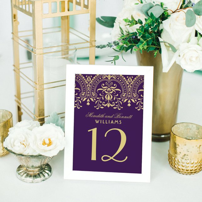 Lila och guld Vintage Glamour Bröllopsmonogram Bordsnummer (Skapare uppladdad)