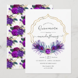 Lila och guld Vintage Påfågel Blommig Quinceañera Inbjudningar