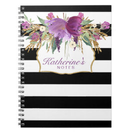 Lila och Guld Watercolor Flowers Notebook Anteckningsbok Med Spiral