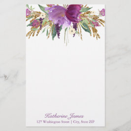 Lila och Guld Watercolor Flowers Personlig Brevpapper
