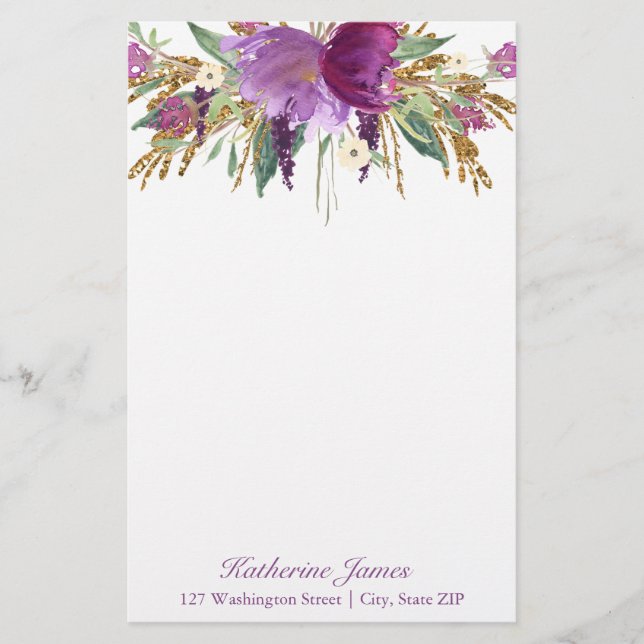 Lila och Guld Watercolor Flowers Personlig Brevpapper (Framsida)