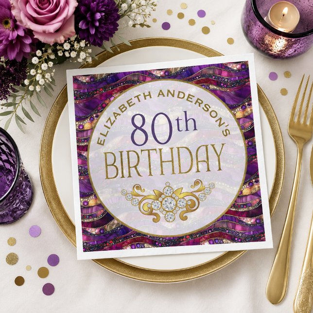 Lila och guldjuvelbesatta strata 80-årsdag pappersservett (Purple and Gold Jeweled Strata Patterned and Personalized 80th Birthday Paper Napkins)