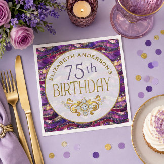 Lila och guldjuvelerad strata 75-årsdag pappersservett