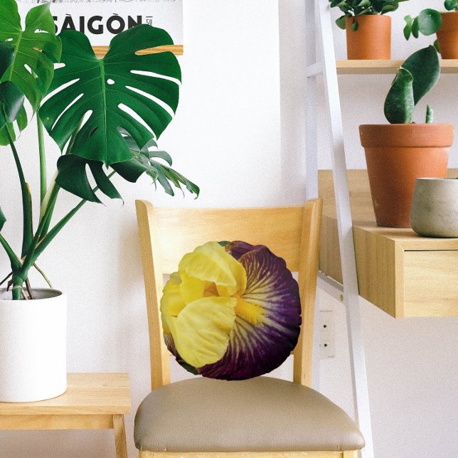 Lila och Gult Bearded Iris Blommigt Rund Kudde (In Situ Chair)
