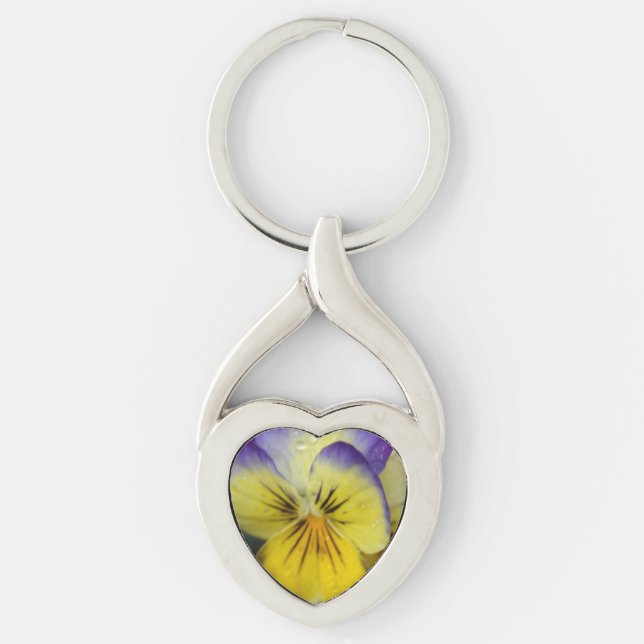 Lila och Gult blomma Twisted Heart Silverfärgad Nyckelring (Framsidan)