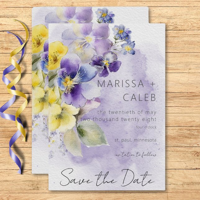 Lila och Gult Blommigt Modern Bröllop Spara Datumet (Purple & Yellow Floral Modern Wedding Save The Date)