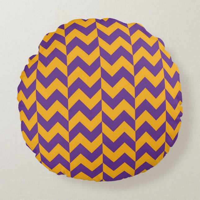 Lila och Gult Chevron Zigzag Rund Kudde (Framsidan)