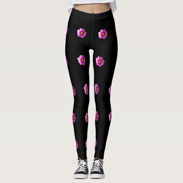 Lila och gult Cosmos blommor på svarta baljväxter Leggings (Framsida)
