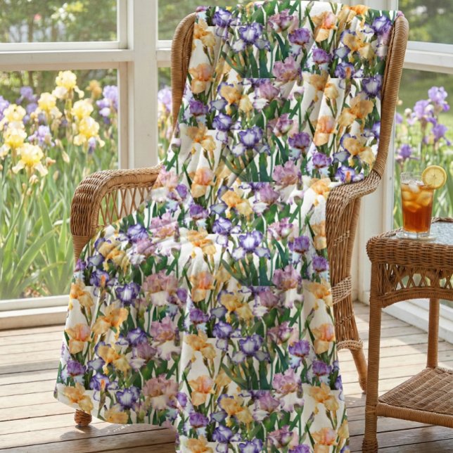 Lila och Gult Irises/Blommigt Large Fleecefilt (lovely purple and yellow irises features on springtime fleece blanket mockup )
