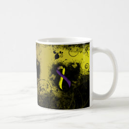 Lila och Gult Medvetenhet Ribbon Grunge Heart Kaffemugg