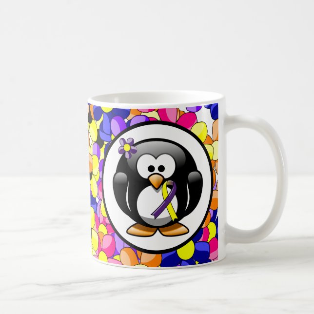 Lila och Gult Medvetenhet Ribbon Penguin Kaffemugg (Höger)