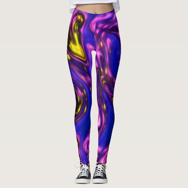 Lila och Gult Neon Abstrakt Art Leggings (Framsida)