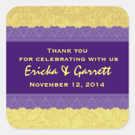 Lila och Gult Skador Tack Bröllop R322 Fyrkantigt Klistermärke