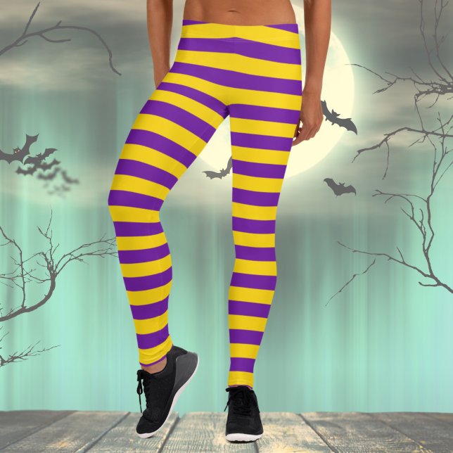 Lila- och Gult-stripe-kostym Leggings (Womens Festive Leggings, Halloween Costume Leggings with Stripes, Purple and Yellow striped leggings)