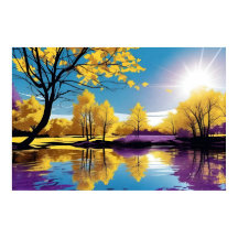 Lila och Gult Träd reflektion om fredliga Sjö