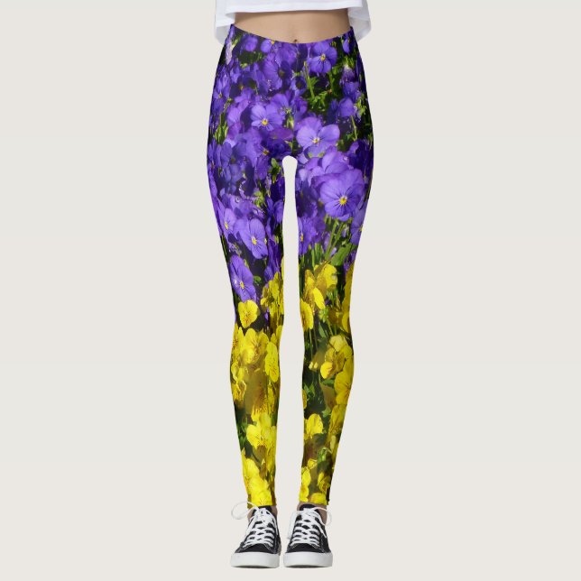 Lila och Gult Violas Colorful Blommigt Leggings (Framsida)