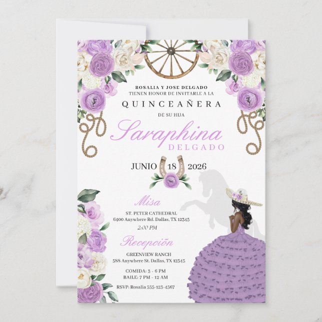 Lila och ivoriansk Ro Western Cowgirl Quinceañera Inbjudningar (Framsida)