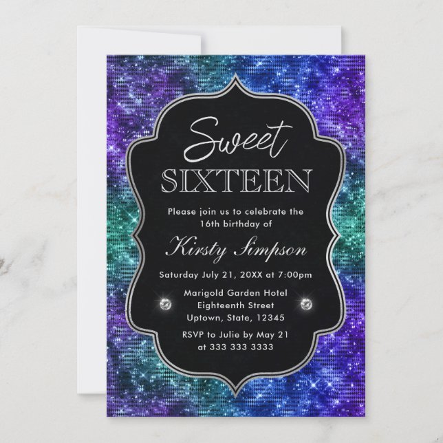 Lila och kalk, glamor Glitter Sweet 16 Inbjudningar (Framsida)