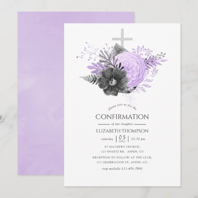 Lila och kol floral bekräftelse inbjudningar (Fram/baksida)