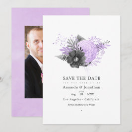 Lila och kolgrå blomsterbröllopsfoto spara datumet