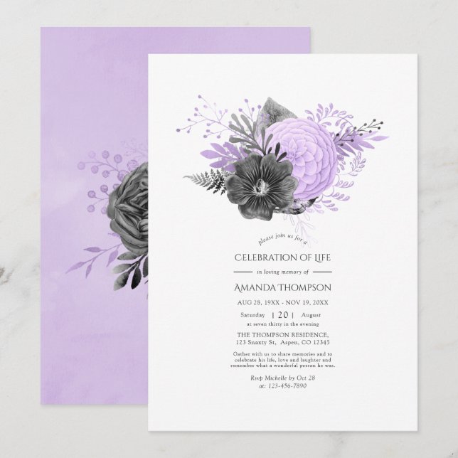 Lila och kolgrå blomsterfirande av livet inbjudningar (Fram/baksida)