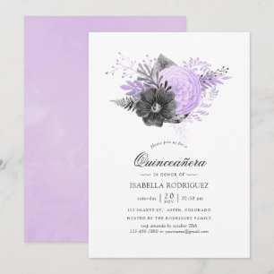 Lila och kolgrått akvarellblommig Quinceañera Inbjudningar