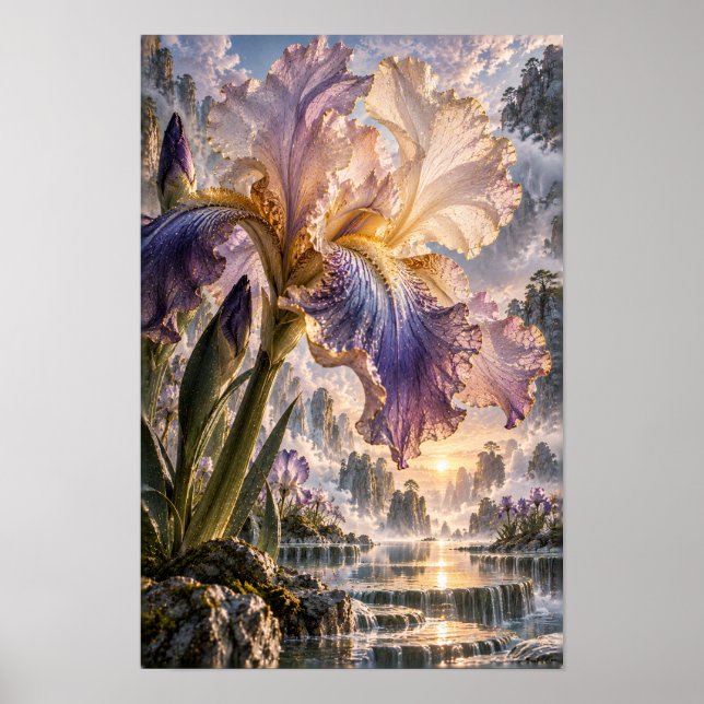 Lila och krämfärgad Iris med vattenfall landskapsv Poster (Framsidan)