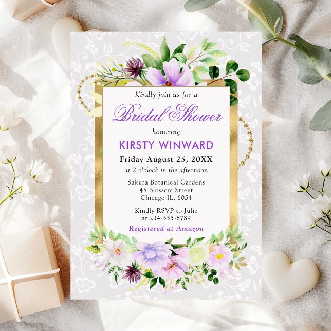 Lila och krämfärgade sommarblommor Guld Bröllopsdu Inbjudningar (Skapare uppladdad)