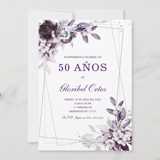Lila och Lavendel Silver 50-års födelsedagsmall fö Inbjudningar (Framsida)
