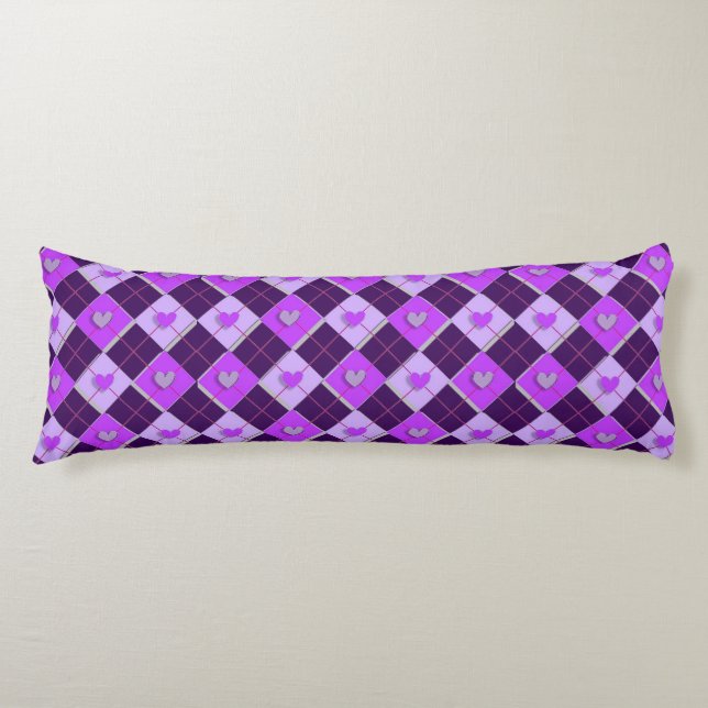 Lila- och Lavender Argyle-hjärtan Kroppskudde (Framsidan)