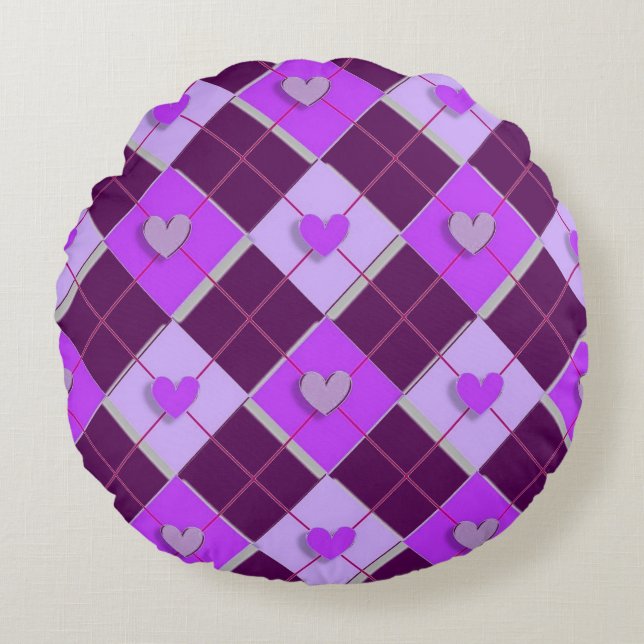 Lila- och Lavender Argyle-hjärtan Rund Kudde (Framsidan)