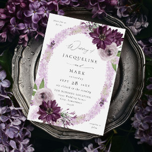 Lila och Lavender Blommigt Ring Bröllop V2 Inbjudningar