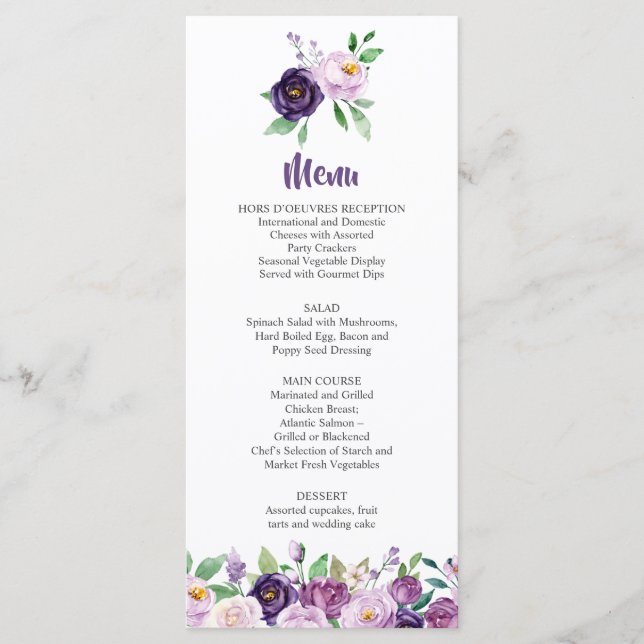 Lila och Lavender Ro Bröllop Menu Meny (Framsida)