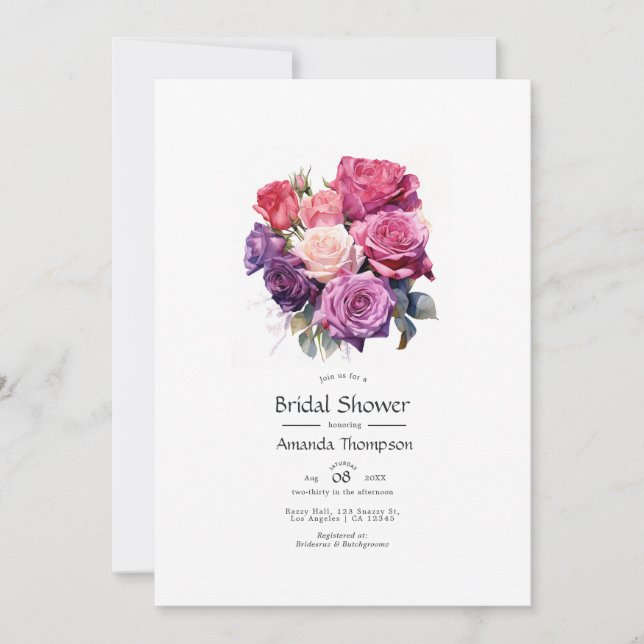 Lila och lila bröllopsdusch med blommotiv inbjudningar (Framsida)