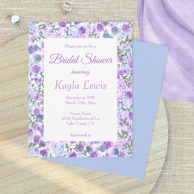 Lila och ljusblå Möhippan Ro Gräns Inbjudningar (lavender and dusty blue wedding bridal shower invitation with rose border, light purple blue roses)
