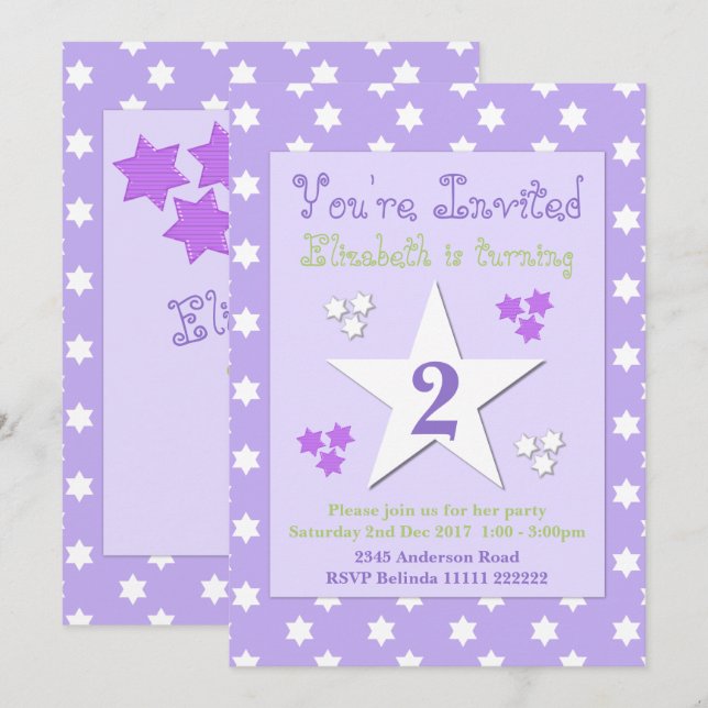Lila och lock med stjärnor, födelsedagsfest inbjudningar (Fram/baksida)