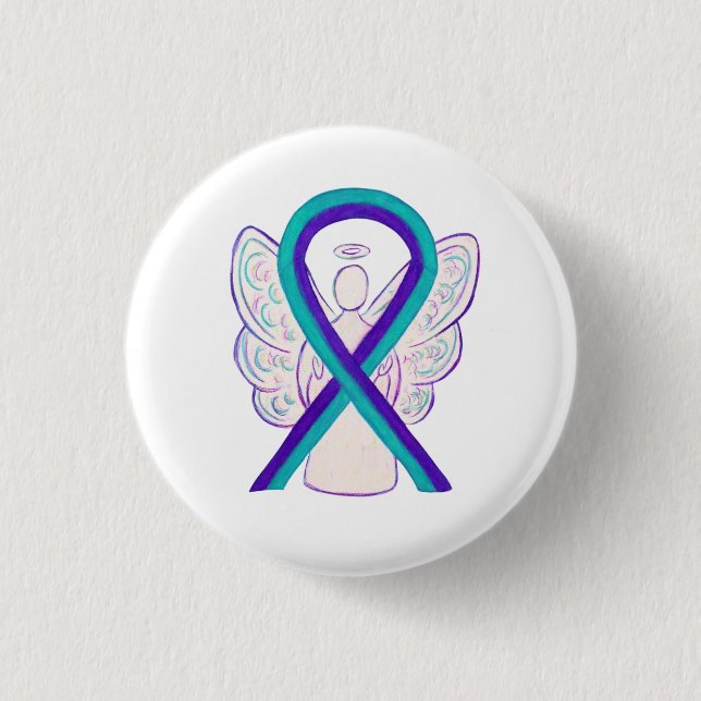 Lila och målmedvetenhet Ribbon Angel Button Pin Knapp (Framsida)