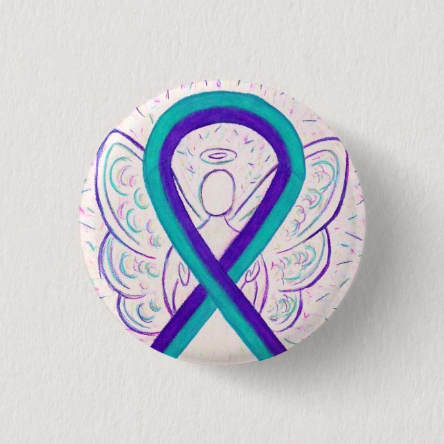 Lila och målmedvetenhet Ribbon Angel Button Pin Knapp (Framsida)